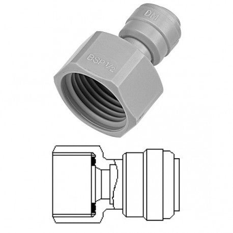 En grå DMfit Female Adaptor F 5/8" BSP til 3/8" fra Dmfit, vist med en push-fit-kobling på både et foto og en teknisk tegning fra siden.