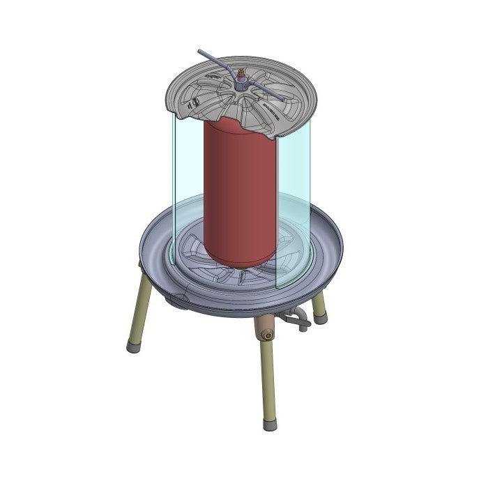 3D-tegning av Speidel Hydropress 20L fruktpresse i rustfritt stål, med rød hydraulisk beholder, gjennomsiktig skjold og tre sammenleggbare ben - perfekt for å presse ekstra virgin eplejuice utendørs. Merkevare: Speidel.