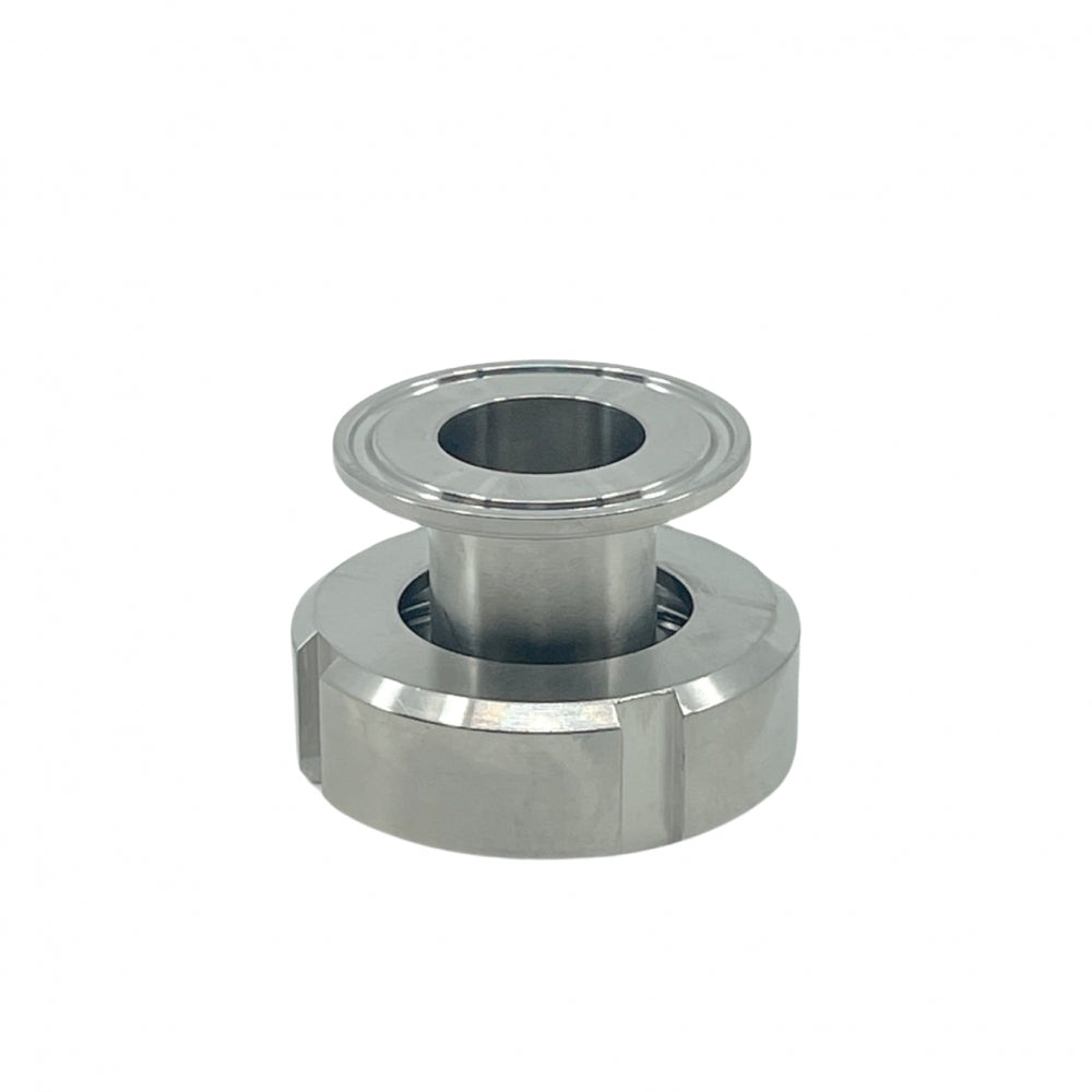 Brewshop Adapter DN25 hunn (DIN 11851) til 1,5" Tri-Clamp sanitærarmatur i rustfritt stål 304, vist mot en hvit bakgrunn.