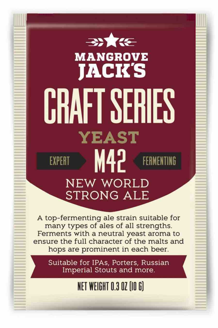 Mangrove Jack's New World Strong Ale Yeast M42 (10 g) er en toppgjærende ale-gjær, perfekt for brygging av IPA, Porter og Stout med utmerket gjærkarakter. Ideell som IPA eller sterk ale-gjær.