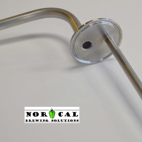 Norcal 1,5" Tri-Clamp Blow-Off Tube with Thermowell, en bryggedel i rustfritt stål med en sirkulær flens og rør, er vist på hvit bakgrunn med Norcal-logoen nederst.
