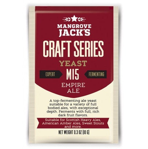 En 10 g-pakke med Mangrove Jacks Empire Ale Yeast M15, en overgjærende gjær som er ideell for fyldige ales med rike, mørke fruktsmaker.
