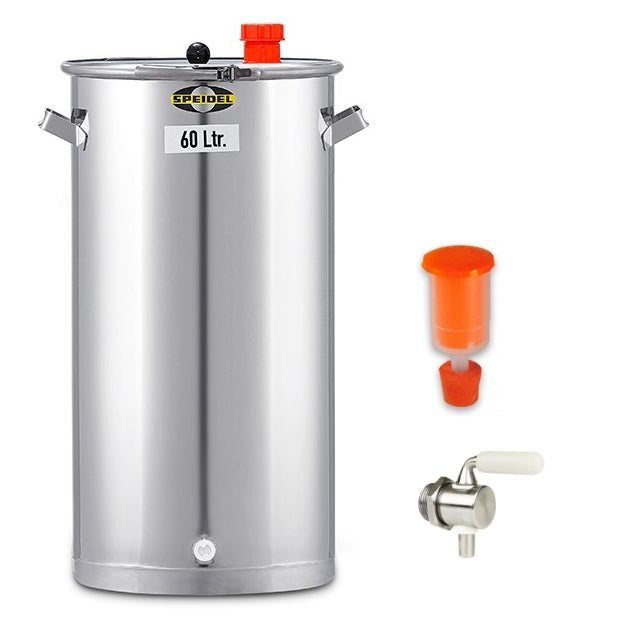 Speidel UF 60L gjæringstank av rustfritt stål fra Speidel, med to håndtak, oransje gjærlås og tappekran-perfekt for effektiv og hygienisk gjæring.