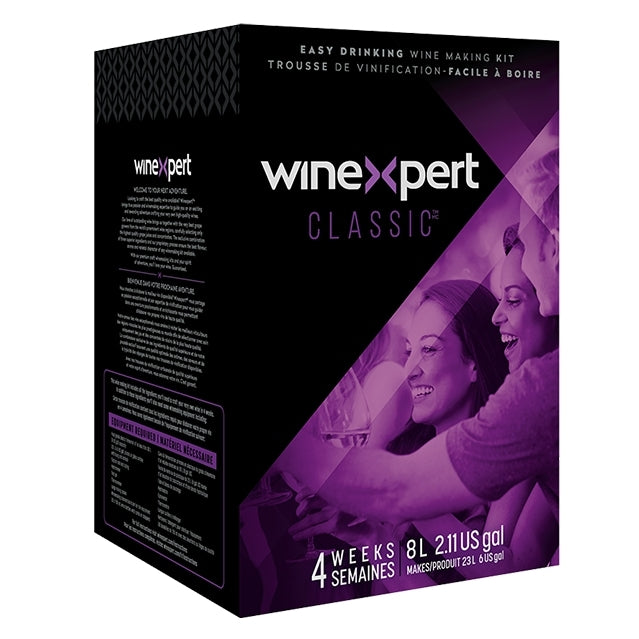 Winexpert Classic Vinsett White Zinfandel Rosé (California) kommer i en sort og lilla eske og lager 8 liter lettdrikkelig rosévin på bare 4 uker.