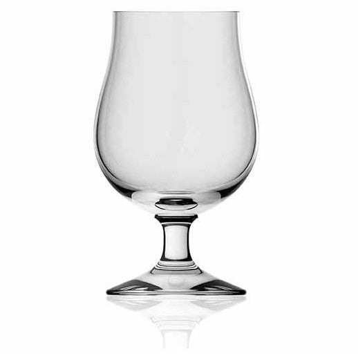 Et klart, tomt Rastal Lüttich Balloon 30cl (6stk) Ølglass fra Rastal, med en bred skål og kort stilk, står på en flat base mot en hvit bakgrunn.