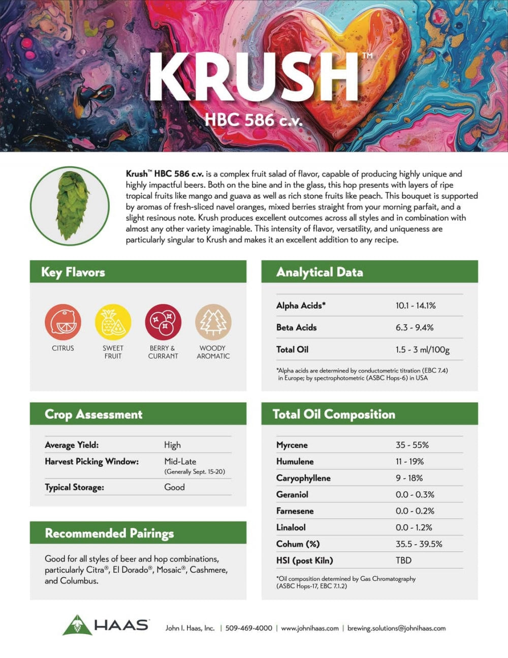 Reklameplakat for BarthHaas Krush (HBC 586) 100 g Humle Pellets (13,6 %, 2024) - en humleblanding med noter av sitrus, søt frukt og bær. Inkluderer smaksprofil, komposisjonsdetaljer, avlingsvurdering og forslag til ølparing.