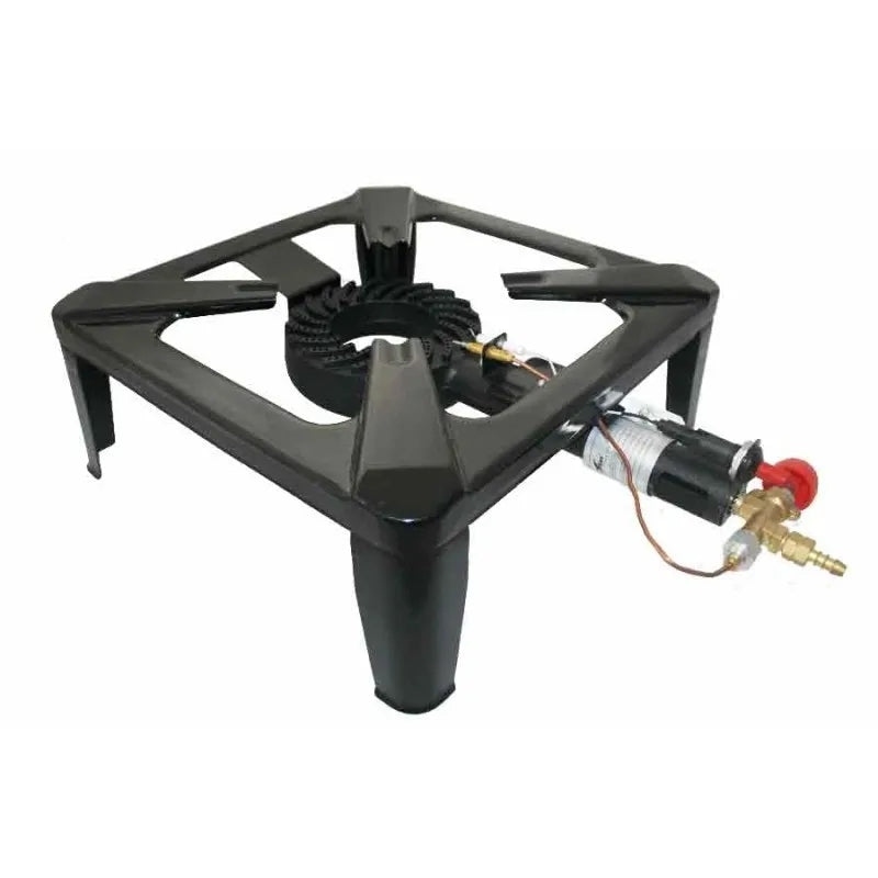 Flowtech Gassbrenner/krabbekoker 6,5kW med tennsikring og piezo-enkel utendørs gassbrenner med svart ramme, ideell for krabbekoking eller ølbrygging. Leveres med regulator og ventil.