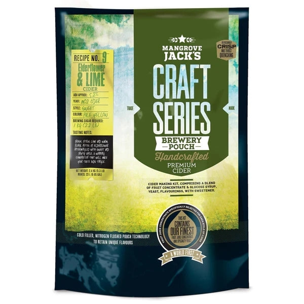 Mangrove Jacks Craft Series Elderflower & Lime Cider ekstraktsett (2,4 kg) er et premium cider-sett med et livlig grønt og gult design.