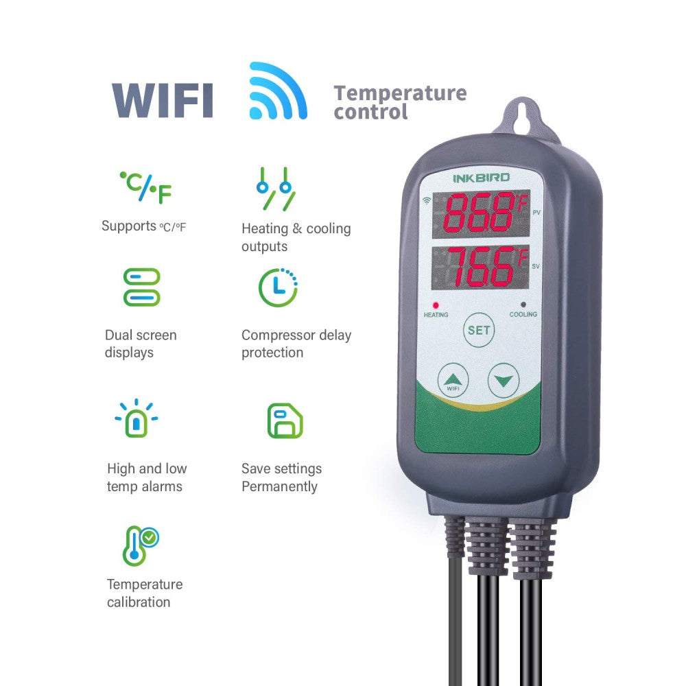 Inkbird WIFI ITC-308 Dual Temperatur Kontroller har to digitale skjermer for gjeldende og innstilt temperatur, i tillegg til alarmer, kalibrering og varme-/kjøleutganger - perfekt for hjemmebryggere som trenger presis temperaturkontroll.