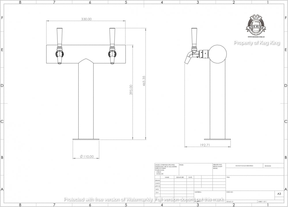 Teknisk tegning av Keg Kings UltraT FasTap Tappetårn sett med 2 kraner, med front- og sidevisning, detaljerte mål og tittelblokk. Rustfri stålkonstruksjon sikrer lang holdbarhet - perfekt for kegeratoroppsett.