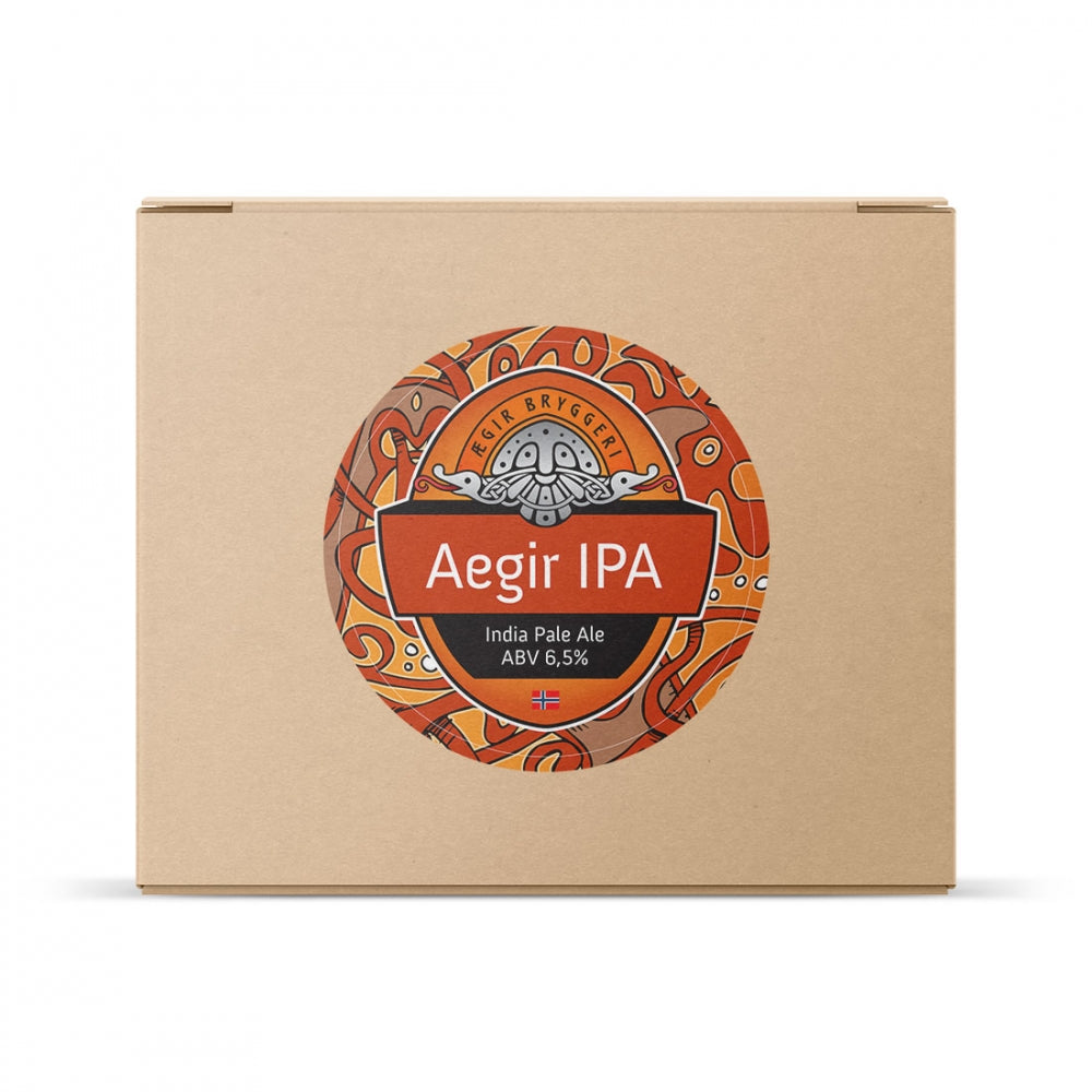 En brun eske med en sirkulær etikett med teksten Brewshop Ægir India Pale Ale - allgrain ølsett, ABV 6,5 %, og et abstrakt oransje mønster - ideell for hjemmebryggere som er på jakt etter et premium IPA-kit.