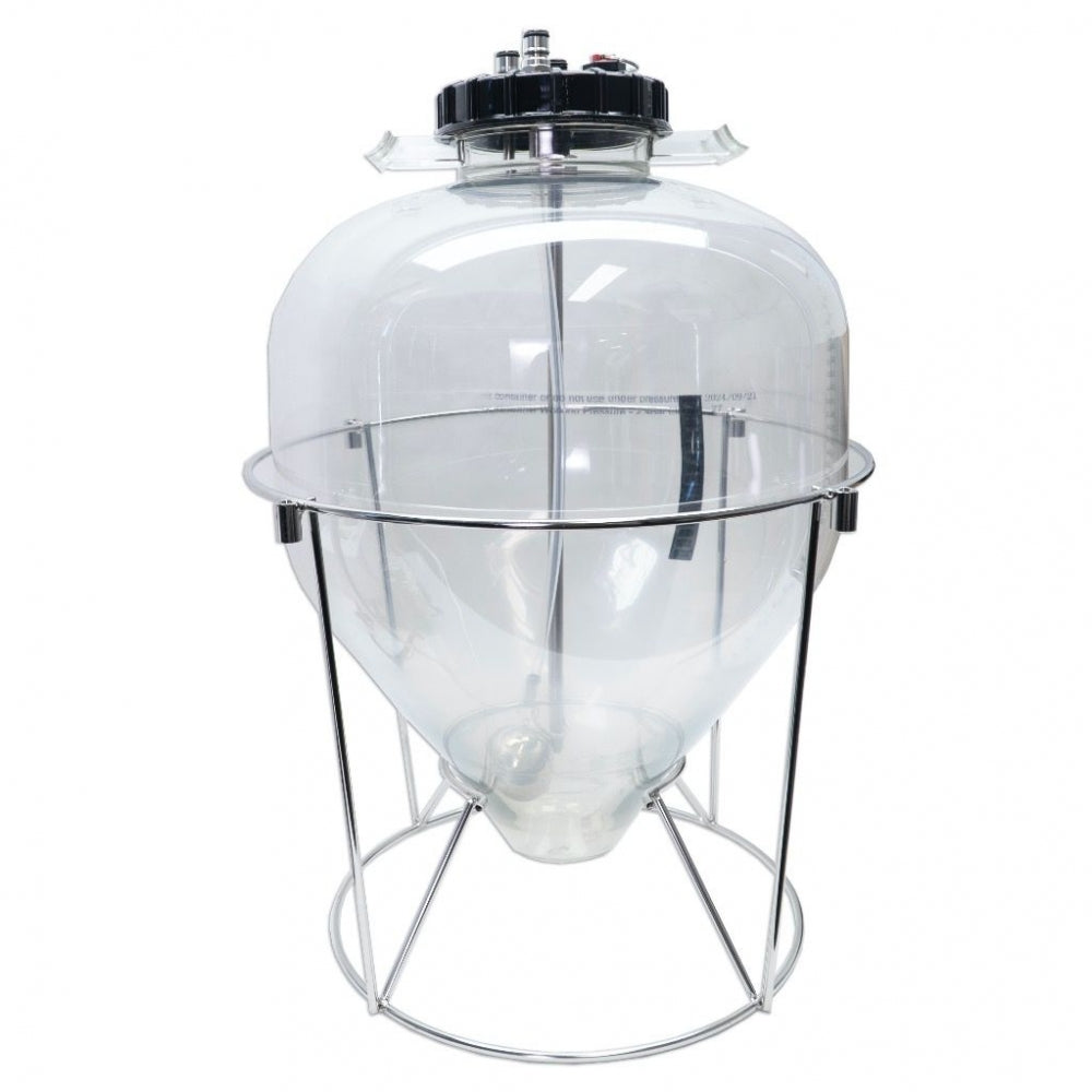 Apollo 30L Snub Nose trykktank fra Keg King er en gjennomsiktig plasttank med svart lokk og metallstativ, perfekt for trykkgjæring.