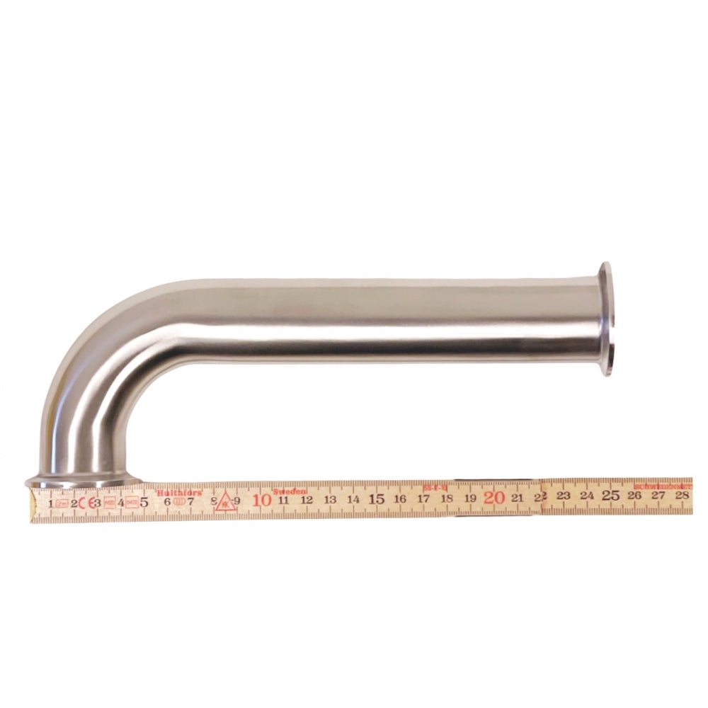 En 1,5" Tri-Clamp albue, 25 cm lang og 90 grader, laget av 38 mm rør i 304 rustfritt stål fra Brewshop. Inkluderer et målebånd.