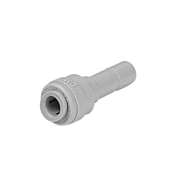 En Dmfit 5/32" - 1/4" Reducer, en grå trykk-til-koblingskobling i plast med sylindrisk form og riflet koblingsende, ofte brukt som Duofiller reservedel eller ølslangekobling, er vist isolert på hvit bakgrunn.