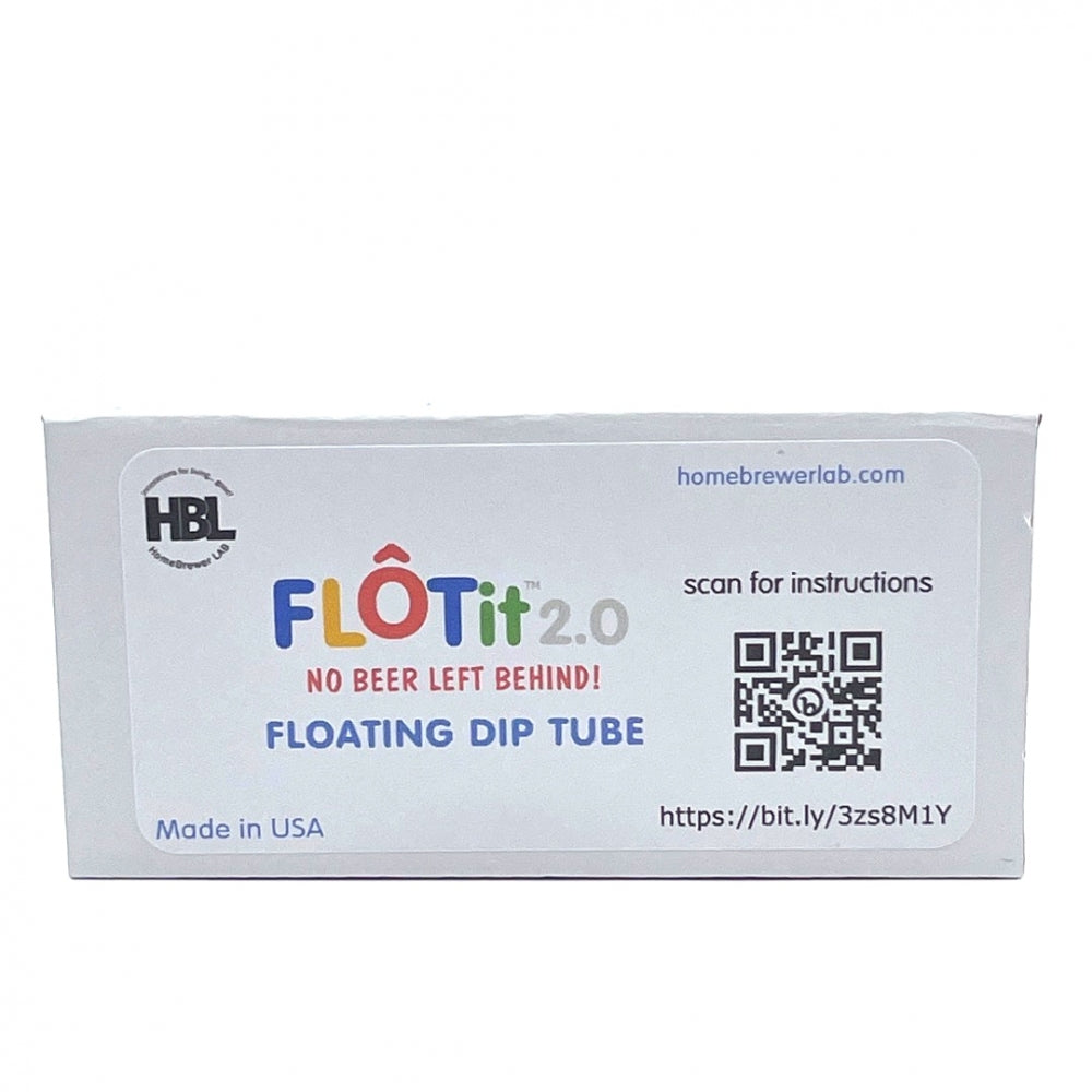 Hvit eske merket "FLOTit 2.0 med Max Headroom Gas Dip Tube" fra Homebrewer LAB, inkluderer flytende dyppeslange, QR-kode for instruksjoner, "No Beer Left Behind!" slagord og produsert i USA - ideelt for klart øl hver gang.
