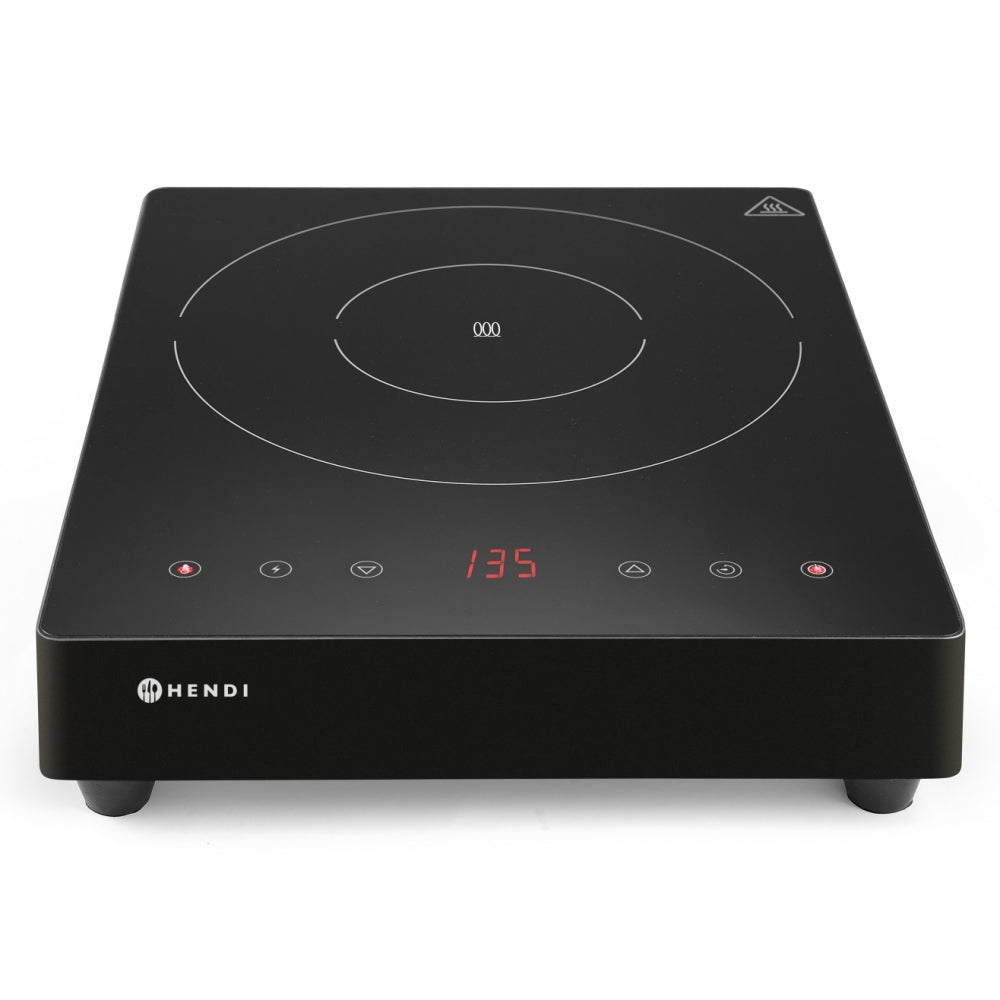 Hendi Induksjonstopp 3500W Black Line har et svart design, et digitalt display som viser 135 og berøringsknapper på frontpanelet.