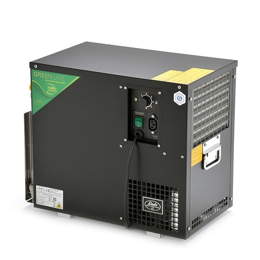 Lindr AS-40 2X Coils NEW Green Line kjølesystem fra Lindr med kontrollpanel, strømledning, ventilerte sider og grønn etikett. Denne kommersielle kjøleenheten er vist på hvit bakgrunn.
