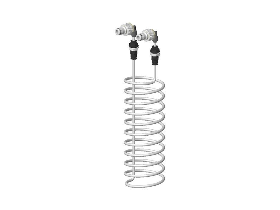 Speidel kjølespiral til gjæringskar fra Speidel, en hvit kjølespiral med to sorte og sølvfargede beslag på toppen, står vertikalt mot en vanlig hvit bakgrunn.