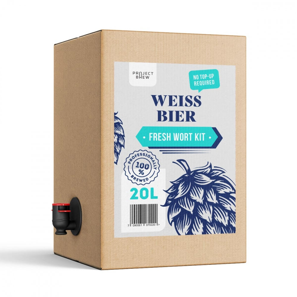 Et 20 liters Fresh Wort Kit fra Project Brew merket Weissbier, med en dyse, blå humlegrafikk og en No top-up required-tag - ideelt for hjemmebrygging av din egen Paulaner Weissbier-klon.