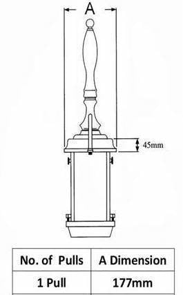 Teknisk diagram av Masons Pint365 Chrome and Black Beer Engine, som viser en hengende lanterne med ett trekk; målene som er angitt er 177 mm i høyden (A) og 45 mm for sidemål.