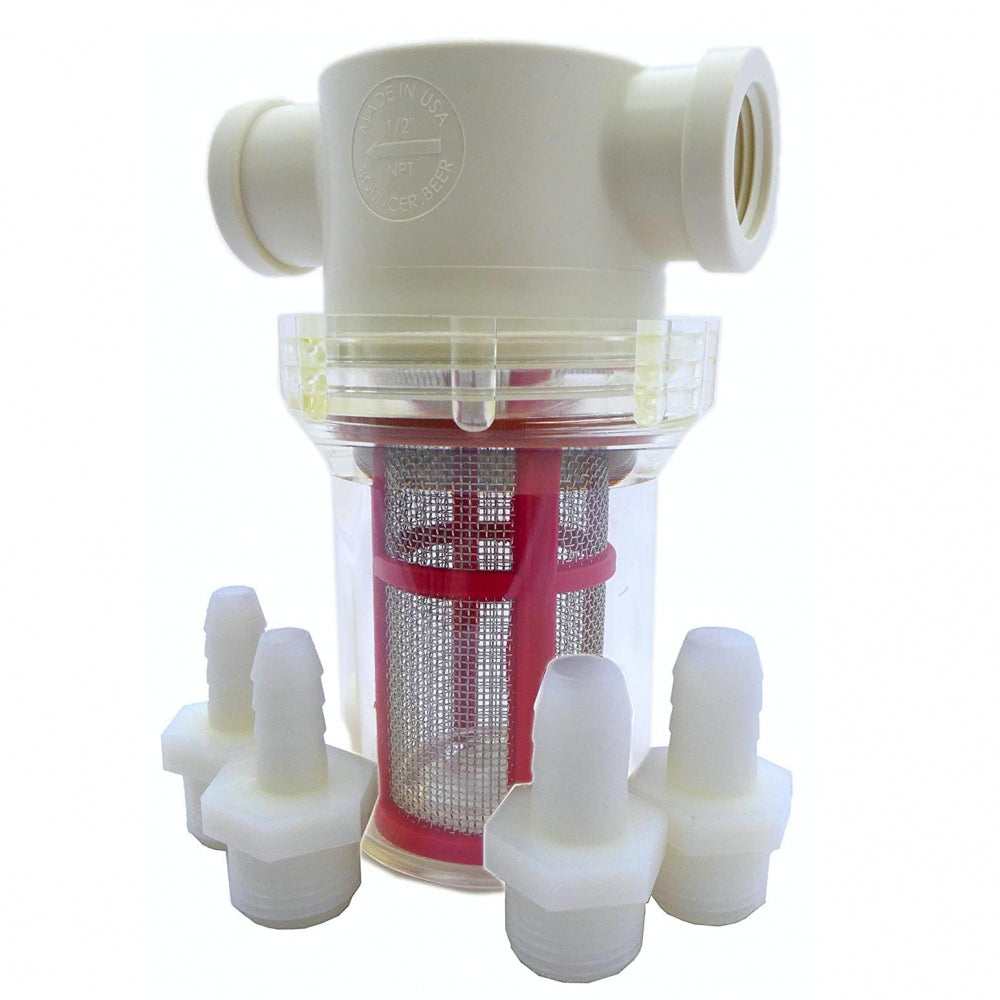 BouncerMD Inline Beer Filter (Mac Daddy) fra Bouncer har et slitesterkt plasthus med metallnett og leveres med fire hvite slangekoblinger - perfekt for hjemmebrygging og effektiv ølfiltrering.