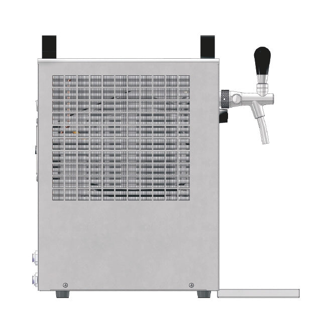 Lindr KONTAKT 40/K NEW Profi Green Line Tappetårn med kompressor, sett fra siden, med trekkhåndtakskran og ventilasjonsrist. Varemerke: Lindr.
