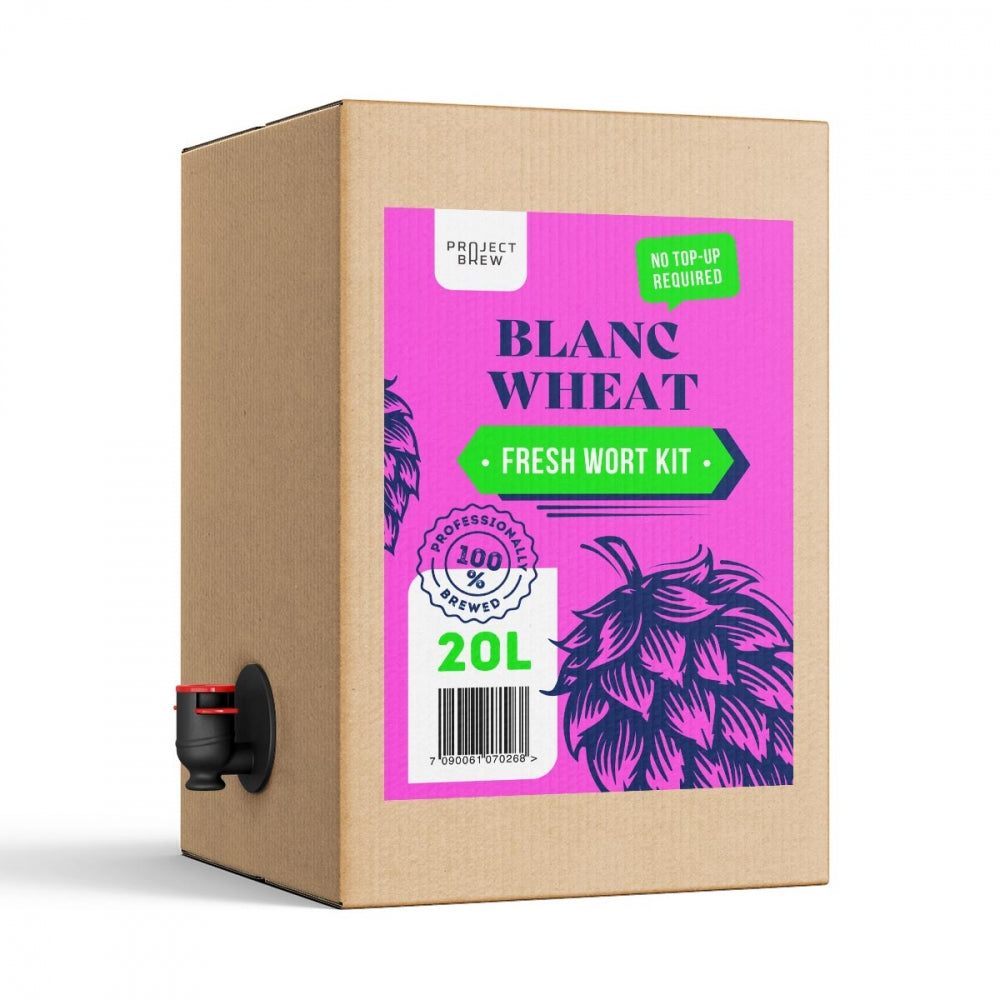 Austmann Blanc Blanc Wheat Fresh Wort Kit på 20 liter, ideelt for brygging av fransk hveteøl, leveres med tappekran og har en knallrosa og grønn etikett.