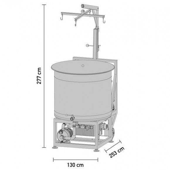 Teknisk tegning av Speidel #Braumeister 500L - Bestillingsvare, en stor sylindrisk tank fra Speidel for profesjonelle bryggesystemer, med ramme, mekaniske deler under, overliggende arm, og merket størrelse: 277 cm H x 130 cm B x 253 cm D.