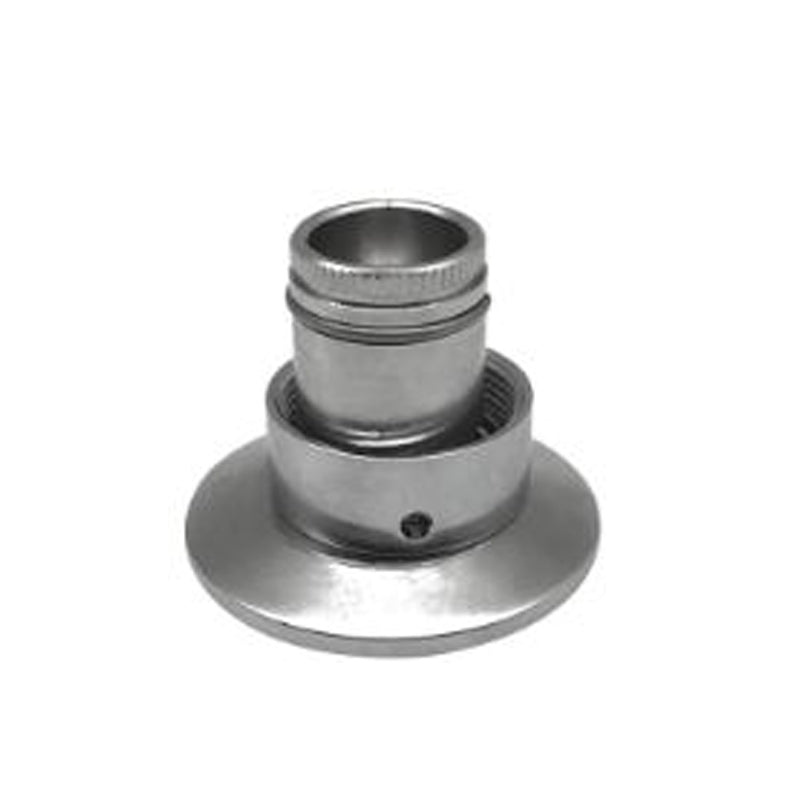1,5" Tri-Clamp Gjennomføring til Tappekran fra Krome Dispense er en metallkomponent laget av rustfritt stål 304, med en gjenget sylinder og en bred sirkulær base for bruk med tappesystemer.