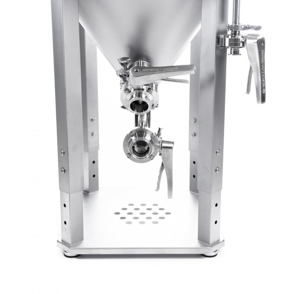 Brewtools F300 Unitank er en konisk fermentertank i rustfritt stål med to ventilutløp og håndtak, beregnet for brygging, trykkgjæring eller andre fermenteringsprosesser.