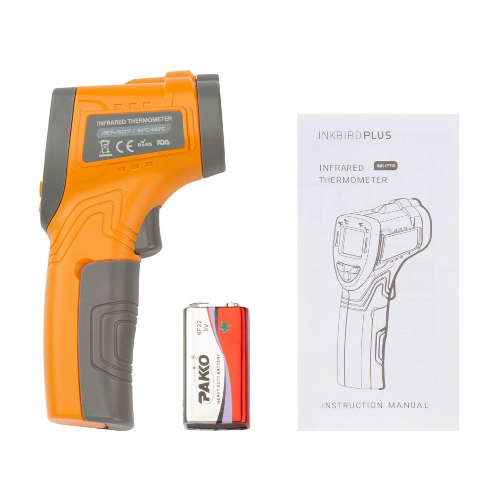 Inkbird INK-IFT01 Infrarødt Termometer med Laser (opptil 550°C), inkludert 9V batteri og instruksjonsmanual, vises på hvit bakgrunn - ideell for presis overflatetemperaturmåling i kjøkken eller pizzaovn.