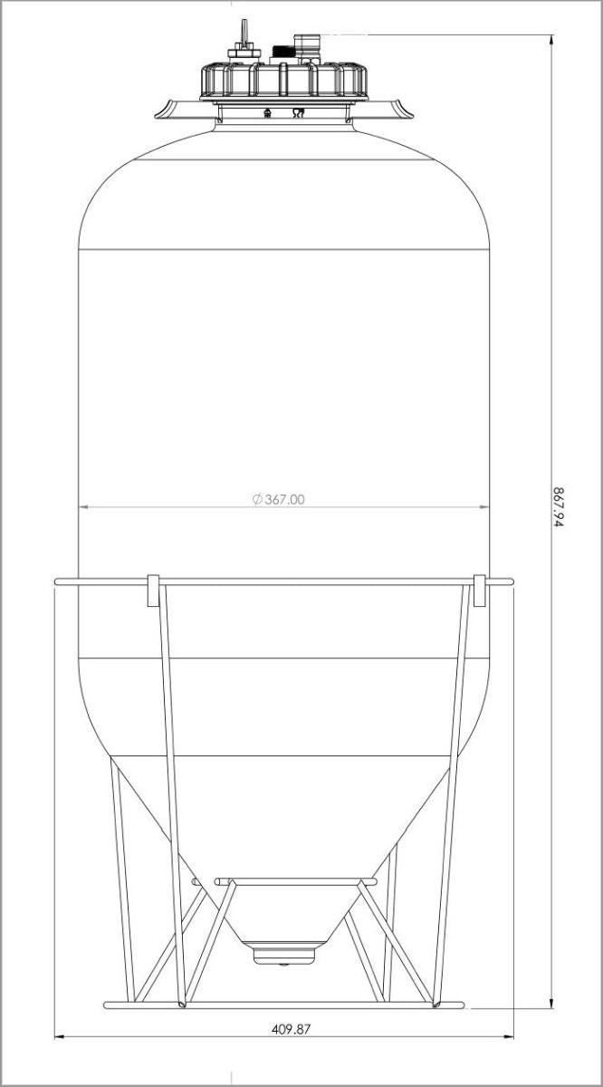 Teknisk tegning av Keg King Apollo 60L Snub Nose trykktank, med konisk bunn, støtteben og merkede mål 367,00 mm og 409,87 mm, høyde 1541,09 mm, designet for effektiv trykkgjæring.