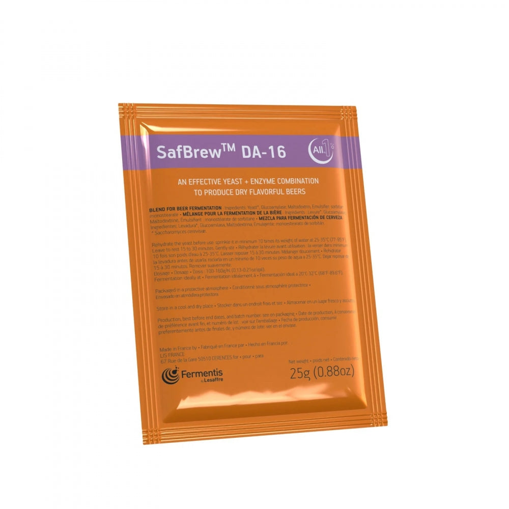 Fermentis SafBrew DA-16 - 25 g kombinerer tørrgjær og glukoamylase, perfekt for brygging av tørre, smaksrike øl som Brut IPA.