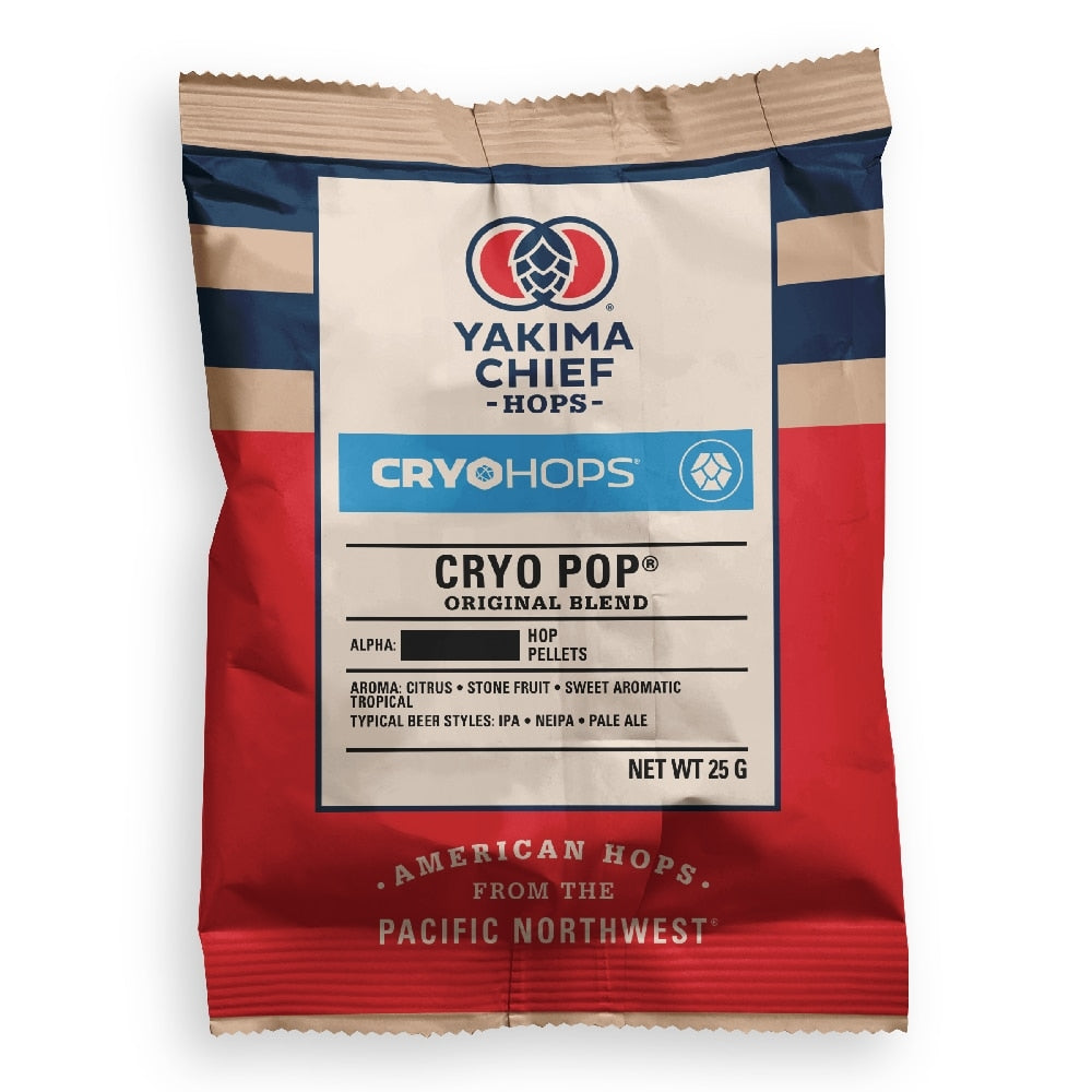 En 25 g pose med Yakima Chief Cryo Pop Original Blend Cryo Hops (23 %) har avansert lupulinpelletsteknologi for økt aroma i ulike ølstiler, med nøkkeldetaljer vist på forsiden av emballasjen.
