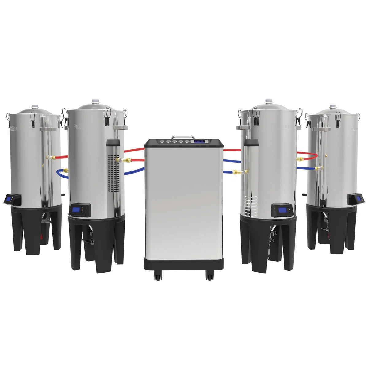 Grainfather Glycol Chiller & 4X Conical Fermenter Pro Kit fra Grainfather inkluderer fire rustfrie Conical Fermenter Pros som er koblet til en mobil kontrollenhet, alle med digitale skjermer for nøyaktig temperaturkontroll.