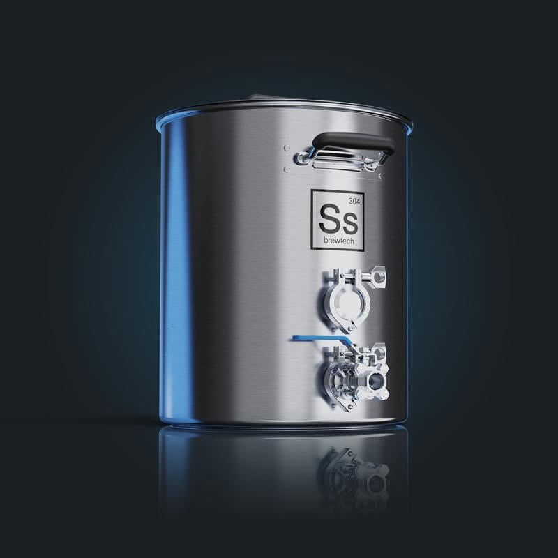 Ss Brewtech Ss TC Brew Kettle 189L (50 gal) har et håndtak, tappehane, ventil og tri-clamp-port i bunnen - ideelt for whirlpool-brygging - vist mot en mørk bakgrunn.