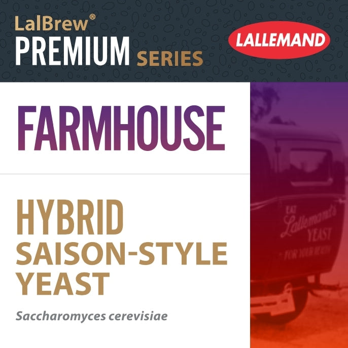 LalBrew Farmhouse - Hybrid Saison-Style Yeast 11g av Lallemand, en STA1-negativ Saccharomyces cerevisiae-stamme, produktetikett.