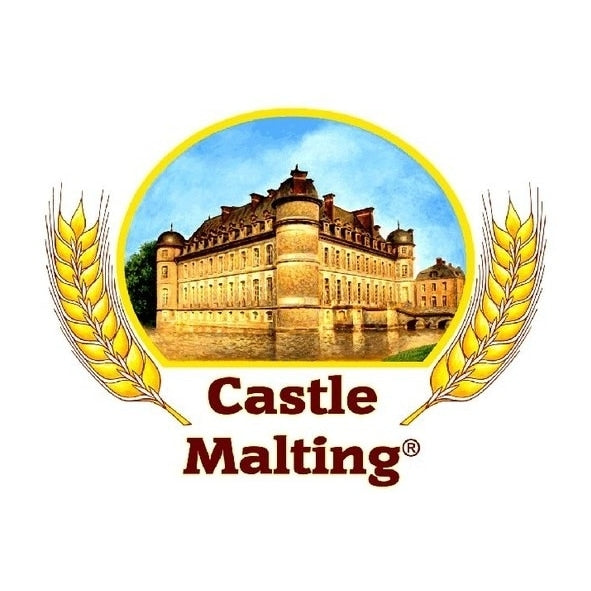 Castle Malting-logo med et historisk slott, to byggstengler og fet brun tekst - perfekt for fans av Whisky Malt 25 kg (2,5-4,5 EBC) fra Castle Malting.