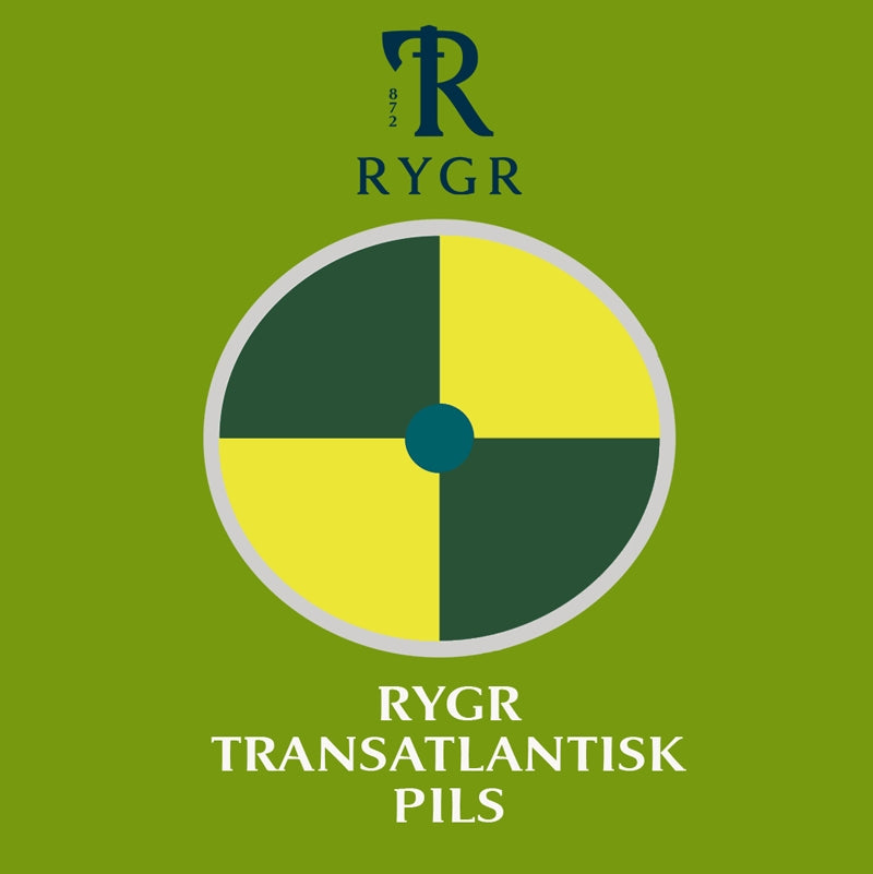 En grafisk fremstilling av RYGR Transatlantisk Pilsner - allgrain ølsett-logoen, med grønne og gule kvadranter og tekst, fra Brewshop - ideell inspirasjon for hjemmebryggere som lager sin egen pilsner.