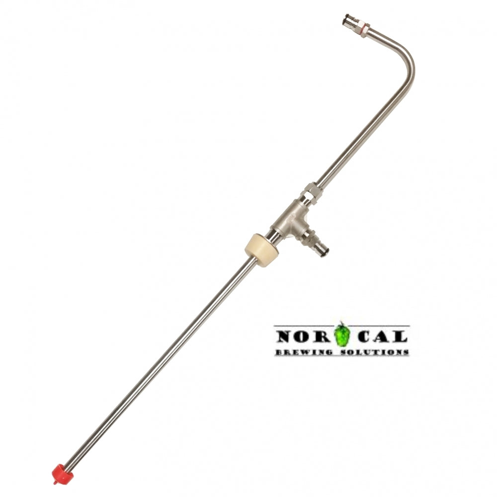Speidel Ball Lock Transfer Tool fra Norcal inkluderer ventil, beslag, hvit propp og rød hette - perfekt for Speidel-gjærere. Vist over Norcal-logoen.