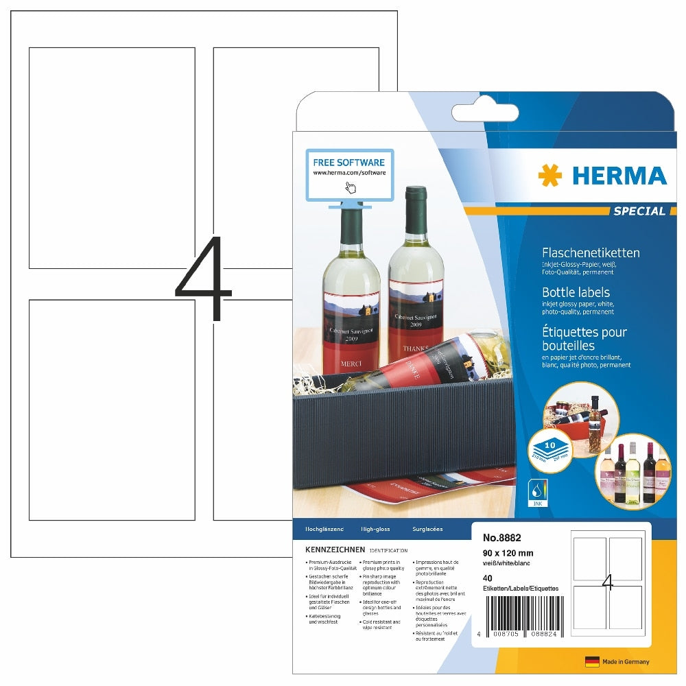 Herma flaske etiketter 90 x 120 mm-pakken inneholder trykte og blanke etikettark, vist på vinflasker som eksempler for flaske etiketter, med informasjon om etikettprogramvaren som vises på Herma-emballasjen.