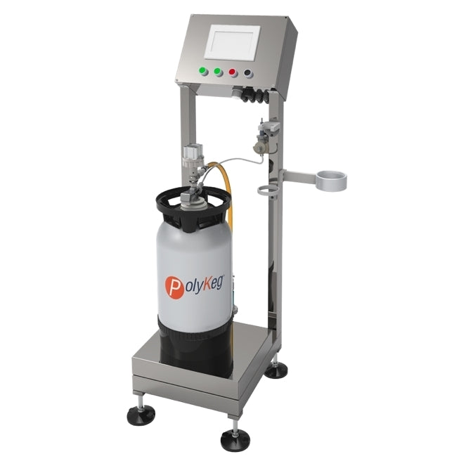PolyKeg Semi-Automatisk Fyllemaskin fra PolyKeg er en fyllemaskin i rustfritt stål med digitalt kontrollpanel og en påmontert PolyKeg-beholder for effektiv fylling av fustasjer.