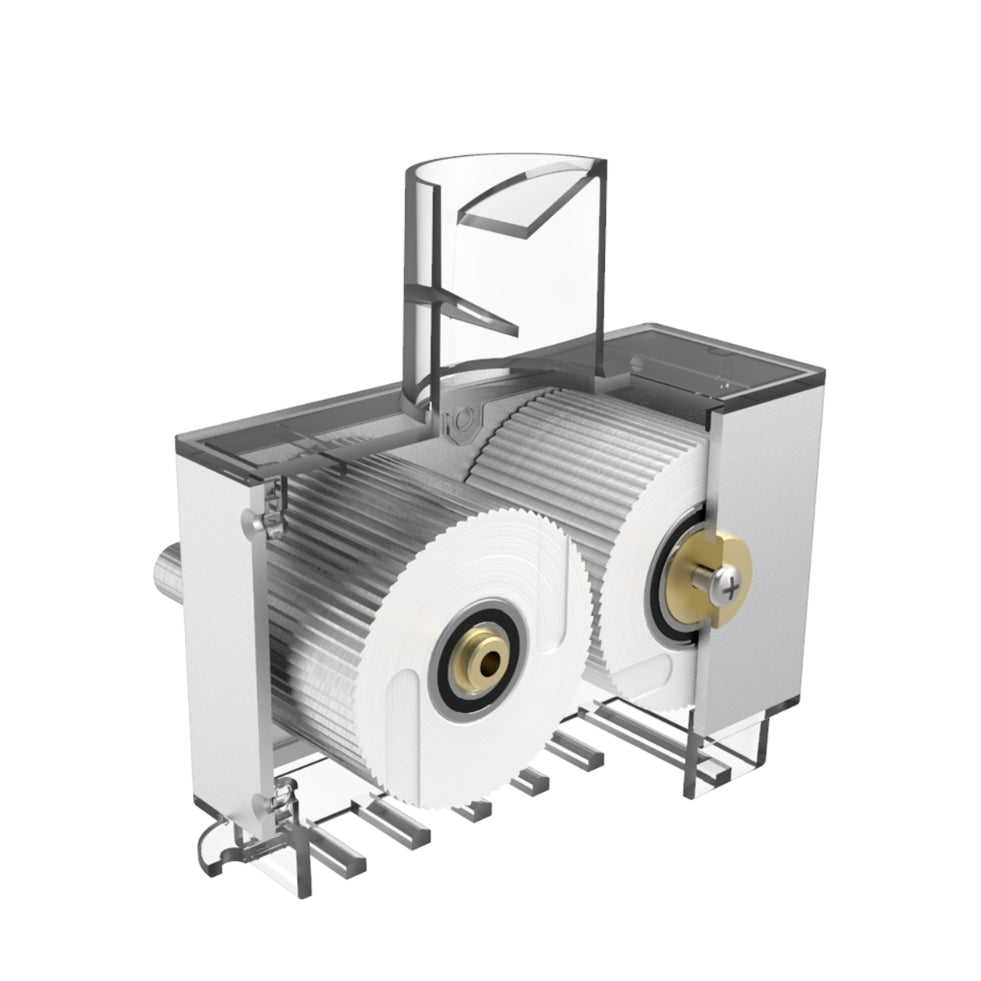 Et 3D-rendert tverrsnitt av Grainfather Electric Grain Mill - Maltmølle (Uten base) fra Grainfather, som viser to store justerbare valser, synlige tannhjul og et gjennomsiktig hus.