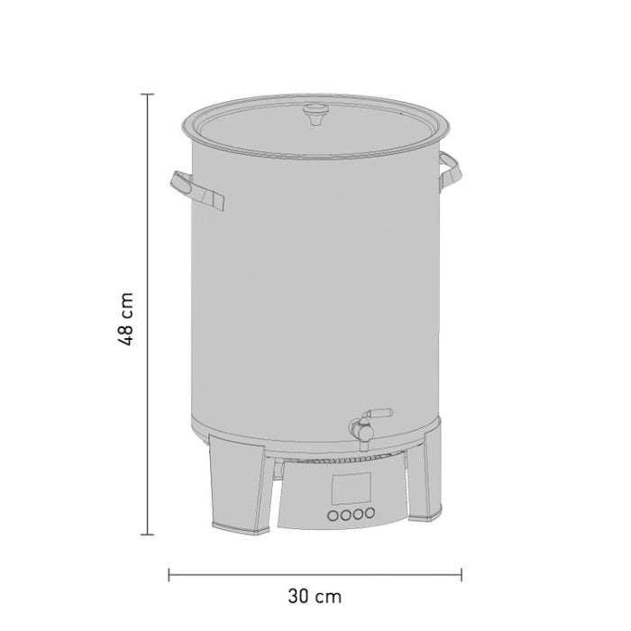 Skisse av Speidel 10L #Braumeister PLUS bryggekjele fra Speidel, med lokk, sidehåndtak, tut, digitalt kontrollpanel og merkede mål: 48 cm høy og 30 cm bred. Egnet for pilotbrygging eller ølbrygging.