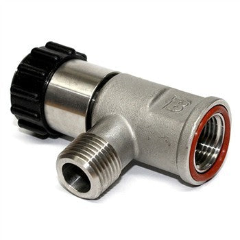 Blichmann G2 Linear Flow Valve har et metallhus, svart plastknott, 1/2" NPT hann- og hunnende, og en synlig rød pakning på hunnkontakten.