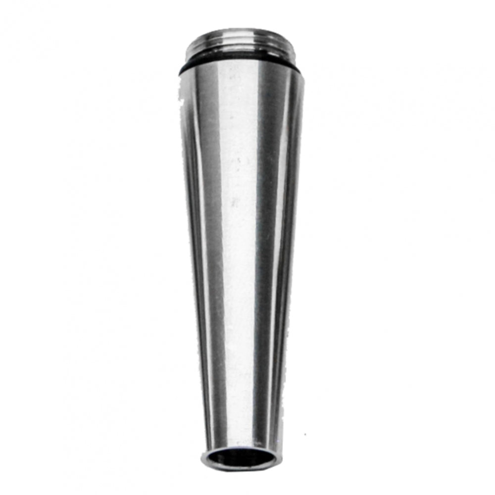 Bildet viser en Keg King Ultratap Stout Spout, en konisk metallkomponent med gjenget topp og åpen bunn, med en fløtebegrensningsskive, mot en vanlig hvit bakgrunn.