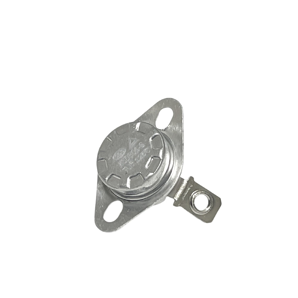 Grainfather Auto reset-bryteren for G30 er en metalltermostat med to monteringshull og én terminal, ideell for presis temperaturkontroll. Installasjonsinstruksjoner er tilgjengelig på forespørsel.