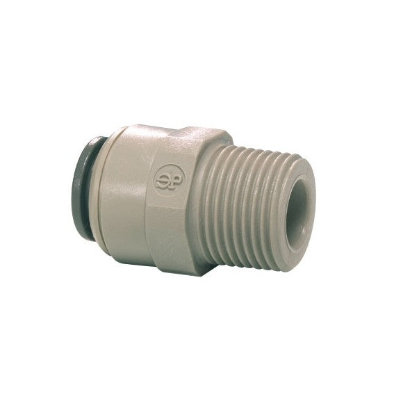 John Guest Straight Adaptor 1/2" x 3/8" NPTF er en trykk-til-koblingskobling i plast med utvendig gjenget ende og O-ring, ideell for raske rørlegger- eller pneumatiske tilkoblinger ved bruk av John Guest trykktilkoblingssystemer.