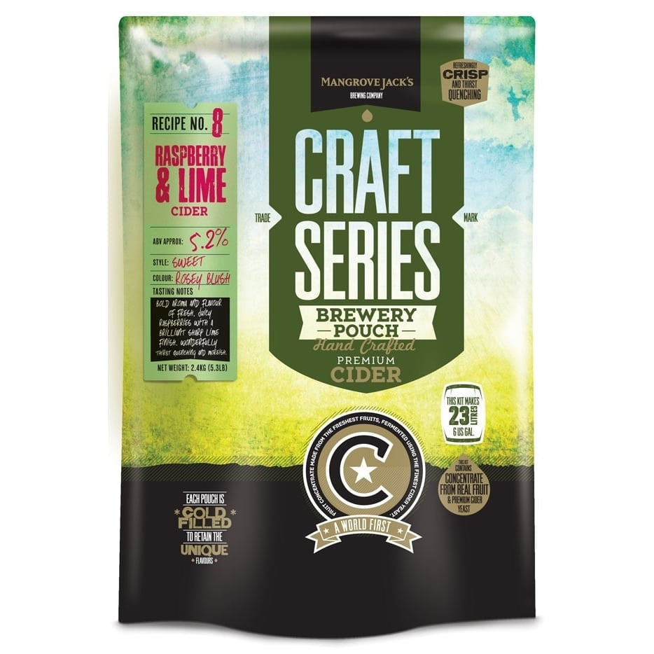 Mangrove Jacks Craft Series Raspberry & Lime Cider ekstraktsett, 2,4kg, har produktinformasjon og informasjon om gullutmerkelsen på forsiden av emballasjen.