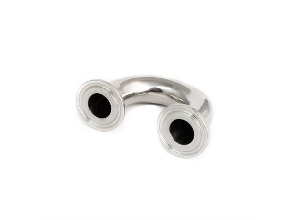 Brewshop 34 mm Tri-Clamp Albue 180 grader er en U-bend rørkobling laget av rustfritt stål 304, med flensede ender for sanitær eller industriell bruk.